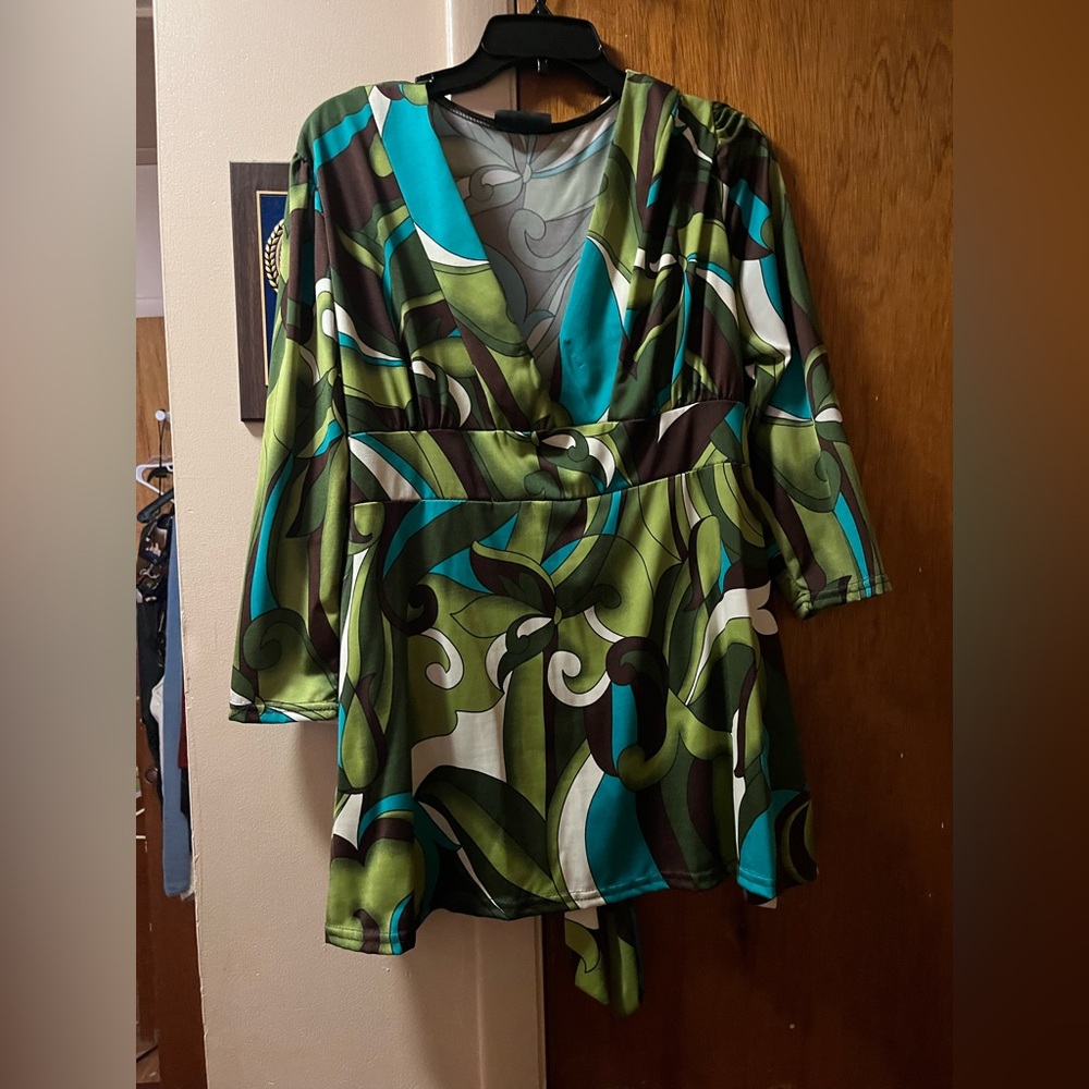 Vibrant Green and Blue Wrap Blouse with Tie Front